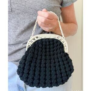Vintage 40-50s Popcorn Crochet Woven Evening Bag Celluloid Strap Retro Dainty
